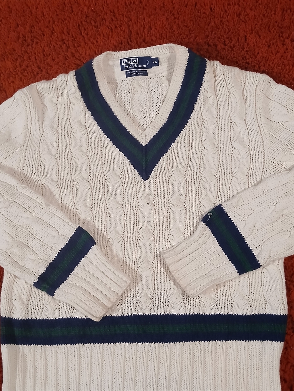 Polo by Ralph Lauren White Cable-Knit V-Neck Sweater with Navy & Green Trim - Picture 2 of 8